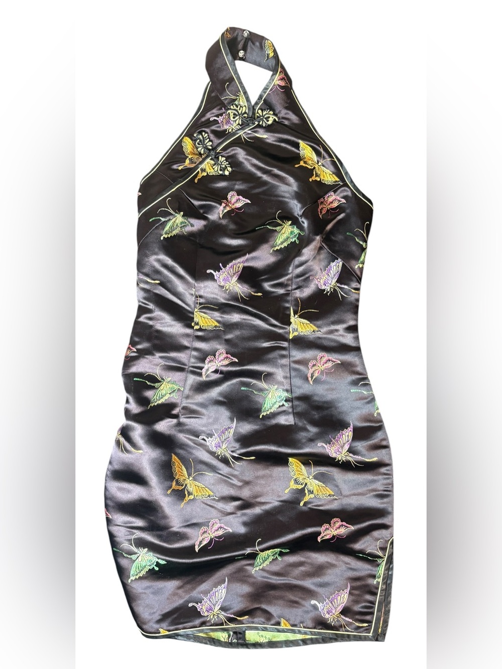 100% Silk Butterfly Embroidered Halter Dress XS Y2K